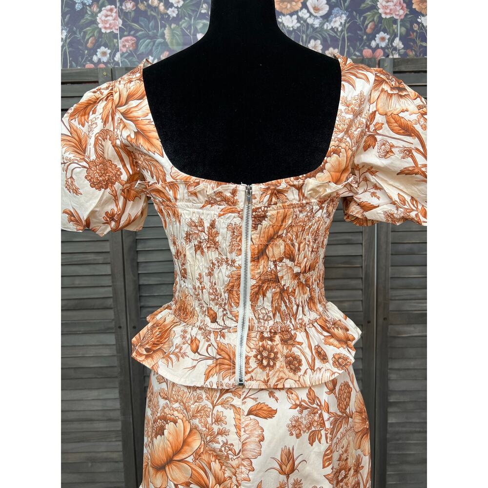 Vestique Flora Rust Floral Cotton Puff Sleeve Crop Top Mini Skirt Set L NWT - Picture 6 of 14